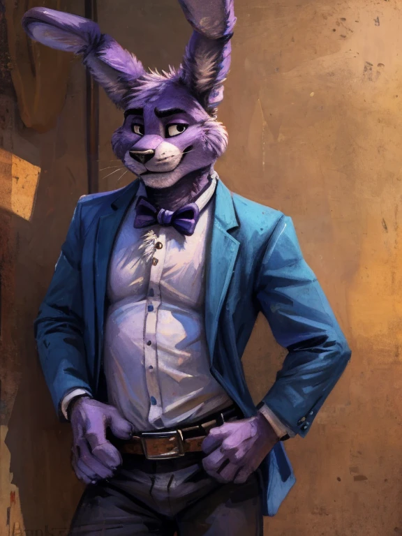 Purple rabbit from FNaF 1, Bonnie, Bonnie Rabbit, solo, male, purple rabbit, perfect nose, rabbit ears, long ears, male face, handsome, attractive, standing, blue dress shirt, dark blue, wine blue color, black pants, black belt, formal clothes, posing, waist, hand on waist, Five Nights at Freddy's, By kenket