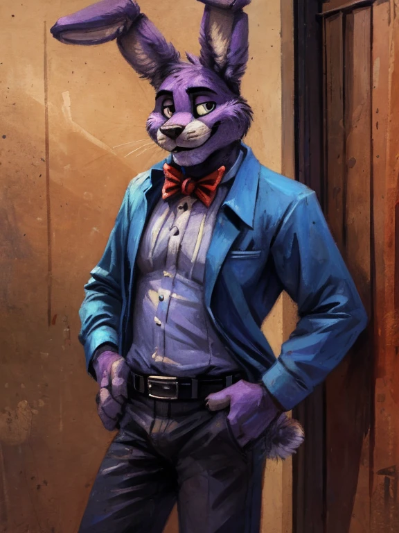 Purple rabbit from FNaF 1, Bonnie, Bonnie Rabbit, solo, male, purple rabbit, perfect nose, rabbit ears, long ears, male face, handsome, attractive, standing, blue dress shirt, dark blue, wine blue color, black pants, black belt, formal clothes, posing, waist, hand on waist, Five Nights at Freddy's, By kenket 