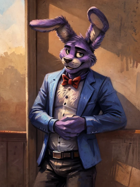 Purple rabbit from FNaF 1, Bonnie, Bonnie Rabbit, solo, male, purple rabbit, perfect nose, rabbit ears, long ears, male face, handsome, attractive, standing, blue dress shirt, dark blue, wine blue color, black pants, black belt, formal clothes, posing, waist, hand on waist, Five Nights at Freddy's, By kenket 