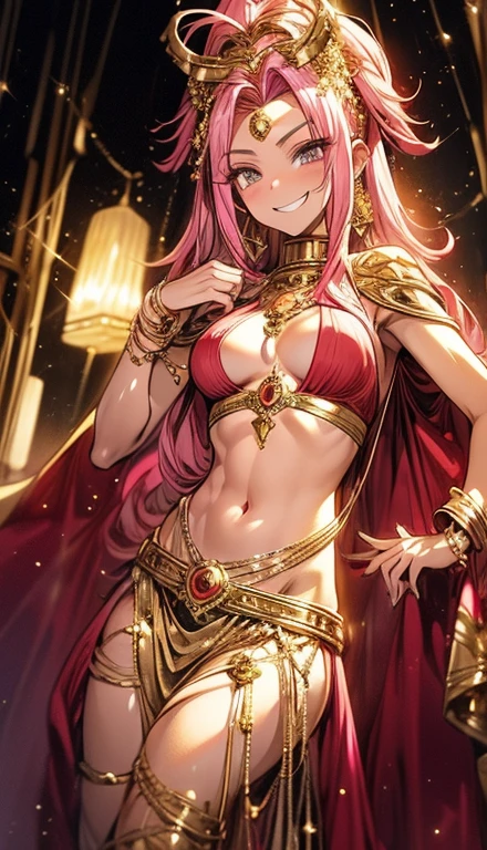 A smug narcissistic pink haired goddess wearing a golden bra and golden pants and lots of jewelry covering every part of her body with gold gems and all kinds of jewelry flaunting herself showing off