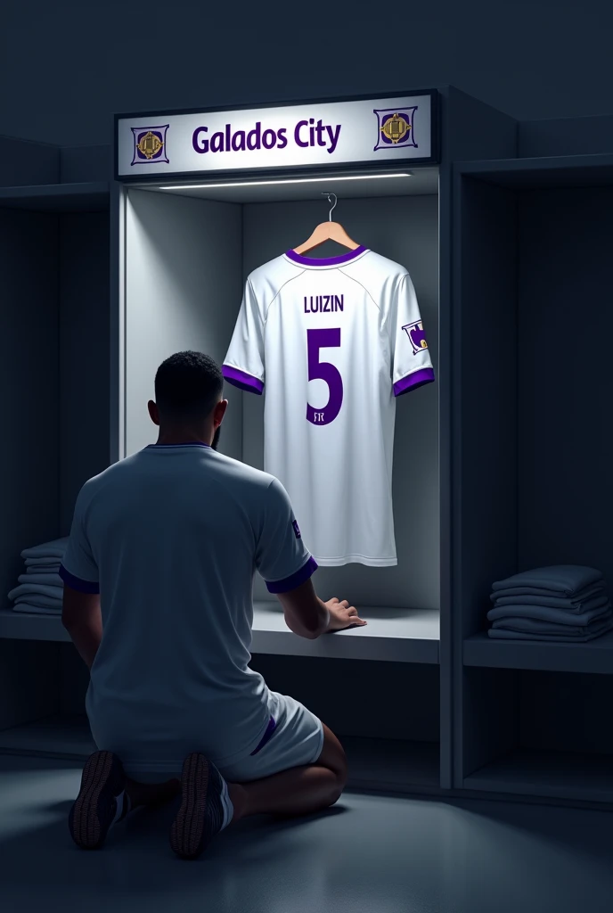 football locker room with a football player's cabin in this cabin there will be a white shirt with purple details (minimalists) on the collar and at the tip of the sleeve the shirt must be showing the back with the name LUIZIN highlighted and the shirt number must be number 5, the cabin at the top must contain the name of the club which is GALADOS CITY, all ambient light must be off, only the light of the sign with the name GALADOS CITY and a low light above the shirt indicating prominence must be on. (The image should be centered and not too far away) and the player with slightly dark skin, short straight black hair and a beard showing that he cares about the current fashion style must be wearing pre-game clothes different from the shirt that is hanging in the locker room, the one he is wearing is gray with purple details on the sleeve and collar of the shirt and on the shorts, the player in the image must be on his knees with his head down (indicating pre-game concentration)