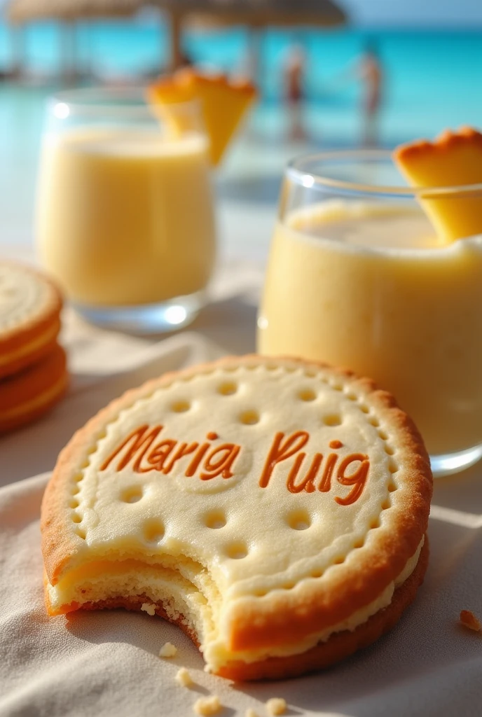 A thin sitting cookie with small holes and has Maria Puig written baked in relief on the beach with glasses drinking a glass of milk in the shape of a piña colada and has a bite
