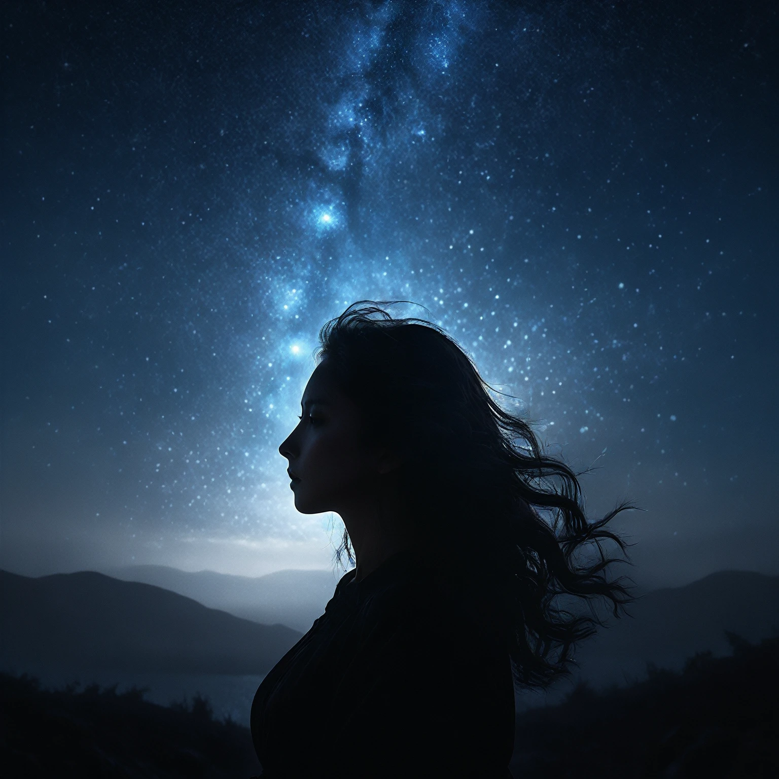 a woman with long hair, wind blows, silhouette, dark silhouette, night, starry sky, masterpiece, award-winning photograph, spectacular landscape, contrast, focus on the sky, high quality, 8k, hyperrealistic, cinematic lighting, volumetric lighting, dramatic lighting, chiaroscuro