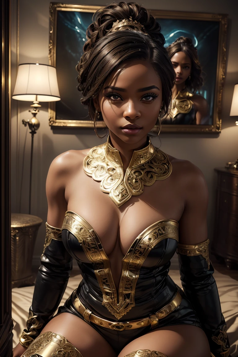 a beautiful detailed afro girl wearing thigh high boots, (best quality,4k,8k,highres,masterpiece:1.2),ultra-detailed,(realistic,photorealistic,photo-realistic:1.37),extremely detailed eyes and face,longeyelashes,realistic skin texture,beautiful detailed lips,elegant pose,dramatic lighting,vibrant colors,cinematic composition,intricate details,fantasy,digital art