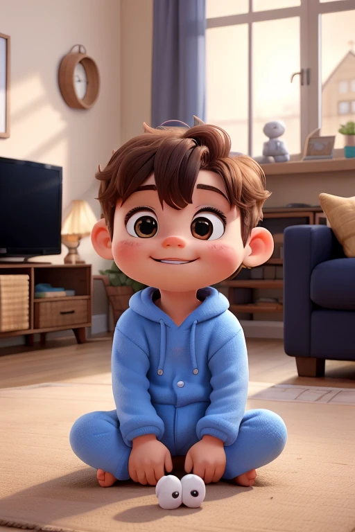 
"Create a cute, chibi-style illustration of a 7--old bsitting on a soft, cozy sofa. The baby boy shouave big, round eyes, chubby cheeks, and a small, joyful smile, with short, soft hair. He is sitting upright, with tiny hands resting on his lap or holding a small toy. The TV is in front of him, emitting a soft glow that reflects in his eyes, creating a warm and cozy atmosphere. The living room setting should be comfortable and welcoming, with the baby boy wearing te onesie, adding to the overall charm and innocence of the scene."
```
```