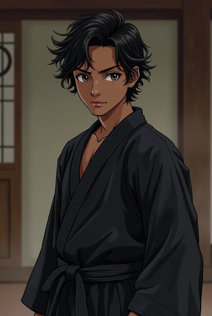 (real-life)
with wavy black hair, He wears the black Cobra Kai kimono and wears a black belt on his forehead., He is dark-skinned and has a small scar on his eyebrow, and your eyes are brown.
He is a young man from Fundo: Karate