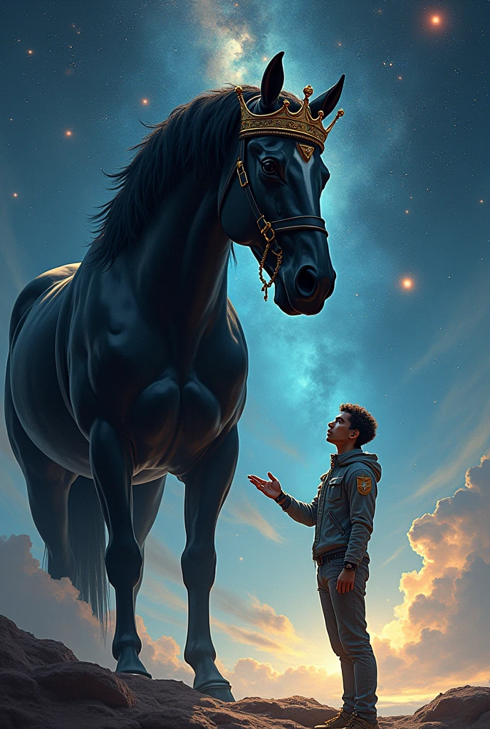 A black horse with a crown on its head and in front of it a man from space shaking hands with his friend from Earth and they look at the camera