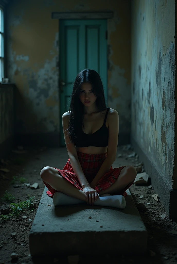 Realistic photo of a in a long red Catholic school uniform, red plaid mini skirt, black bra and white socks sitting on a grave in a haunted house at midnight