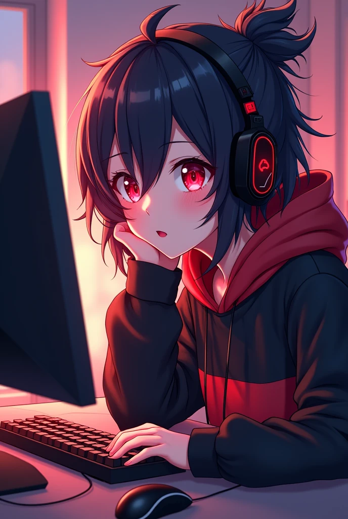 Light skin anime girl, crimson red eyes, messy black and red hair, with a smile, a black and red sweatshirt, gaming headsets and playing on your gaming PC