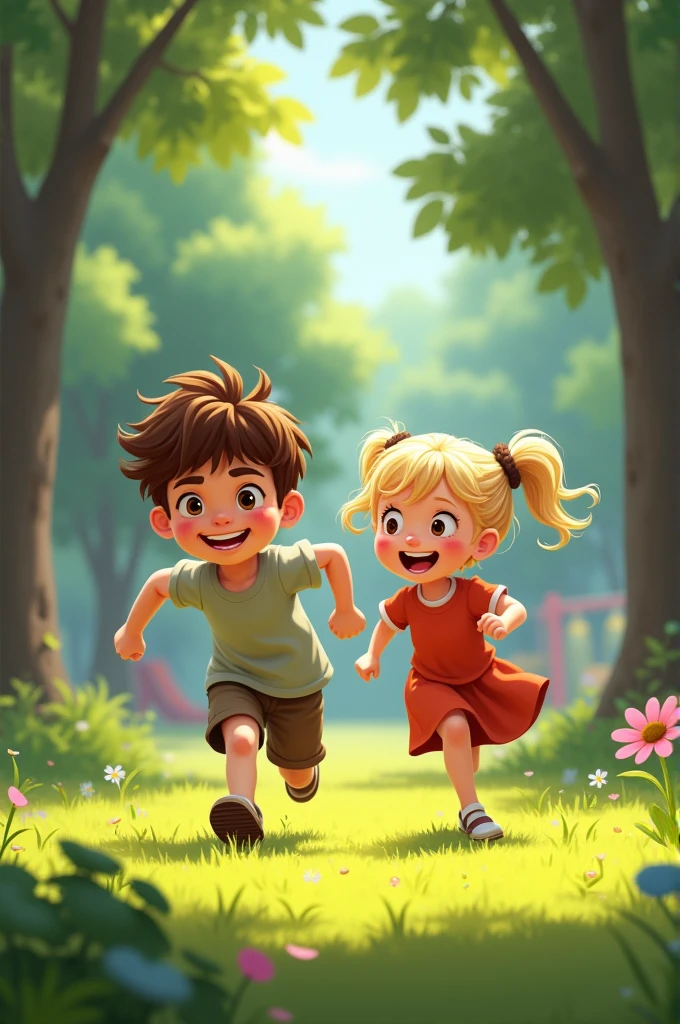 A boy and a girl playing tag