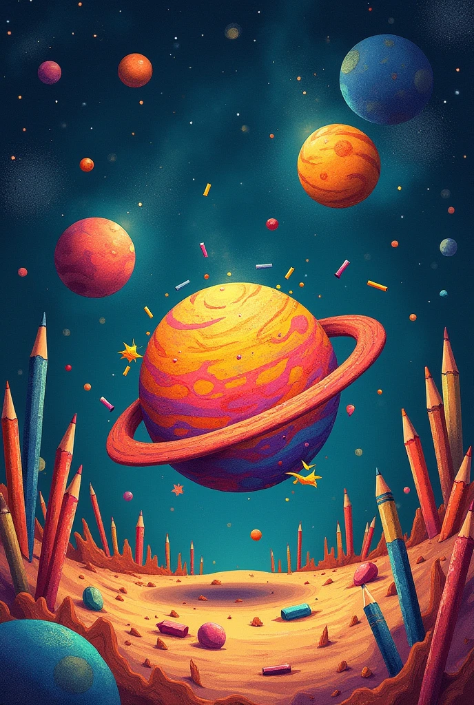 Planet background , with pencils and crayons everywhere , with warm tones and shades drawn in crayon