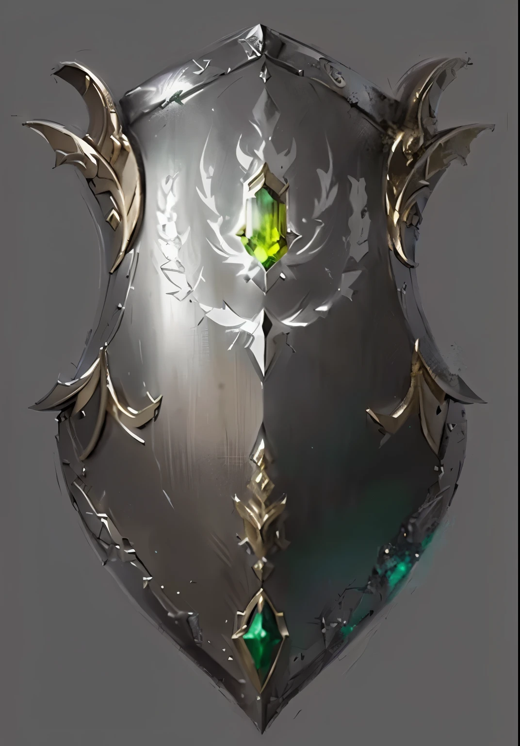 concept realistic art style. Imagine a simple but magnificent shield. This aegis has an encrusted emerald that emanates magic from him that surrounds it as if it were an aura for him. The shield has an exotic shape and is adorned in silver and brass.