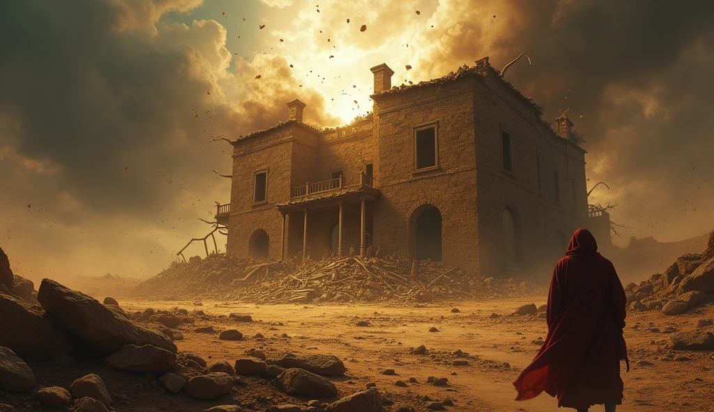 A dramatic biblical scene showing a large house collapsing as a powerful, swirling wind from the desert strikes it. The sky is dark and stormy, with dust and debris flying through the air. Inside the house, visible through broken walls and windows, a group of people, Jó's sons and daughters, are caught in the midst of a feast, with tables overturned and food scattered. The intense force of the wind causes the structure to crumble, with wooden beams and stones falling, symbolizing the tragic loss as described in the story of Job.