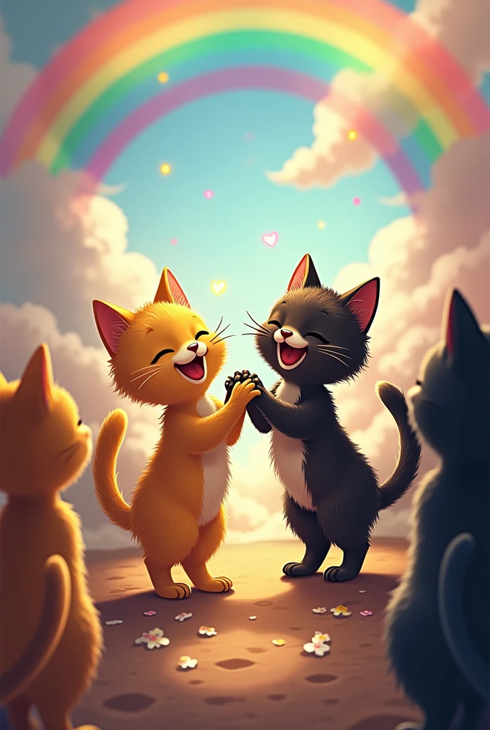 A yellow cat with a black cat and all their cat friends holding hands with a rainbow