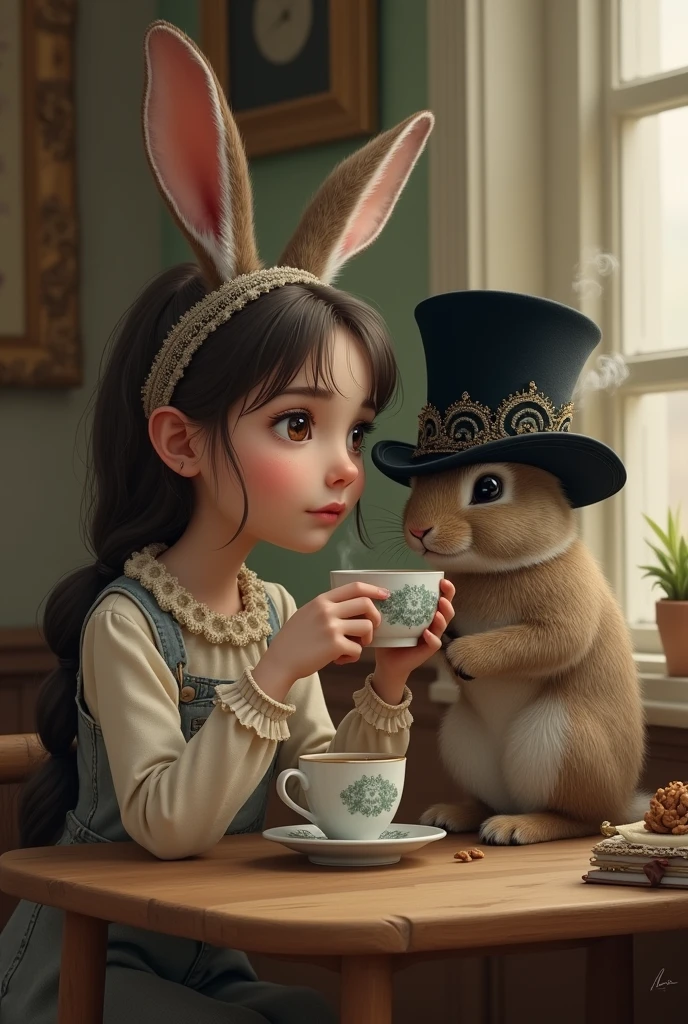Girl sitting at a table drinking coffee with a rabbit wearing an extravagant black hat