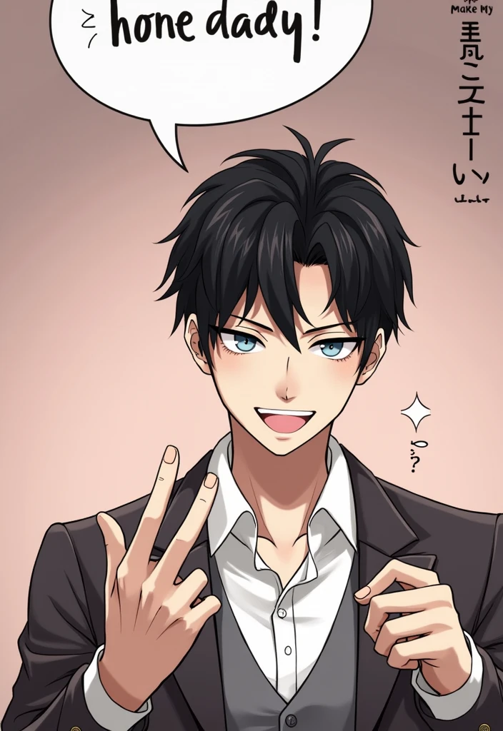 male, black hair, grinning, two finger pose, ultra realistic photo, super HD