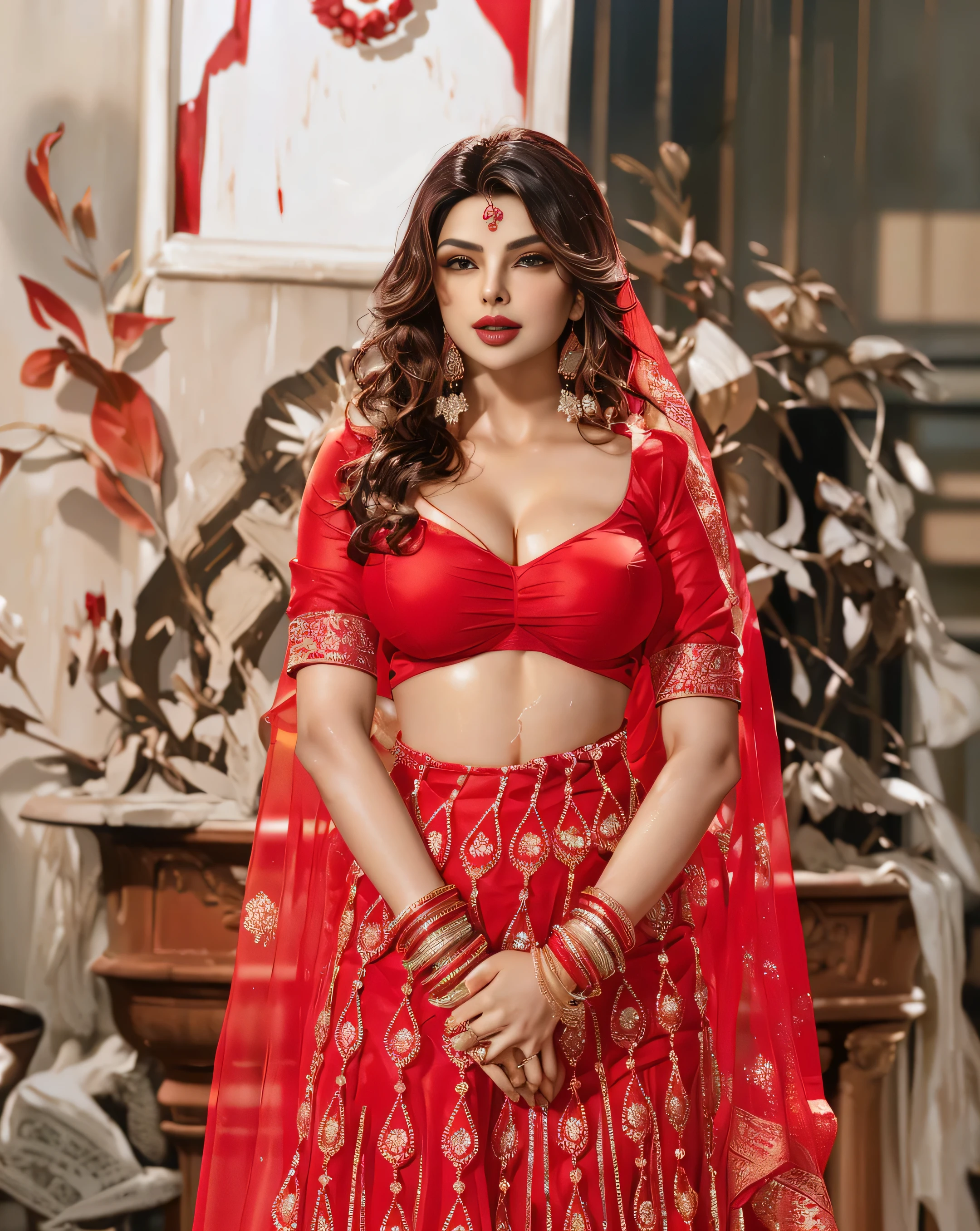 a woman in a red lehen with a red blouse and red skirt, portrait of priyanka chopra, wearing a red outfit, red adornements, traditional beauty, wearing red attire, red adornments, portrait of sherlyn chopra, wearing red clothes, red clothes, indian super model, rich red colors, indian, gorgeous woman, red jewelry, stunning woman, big boobs, cleavage show, wet cloth and body