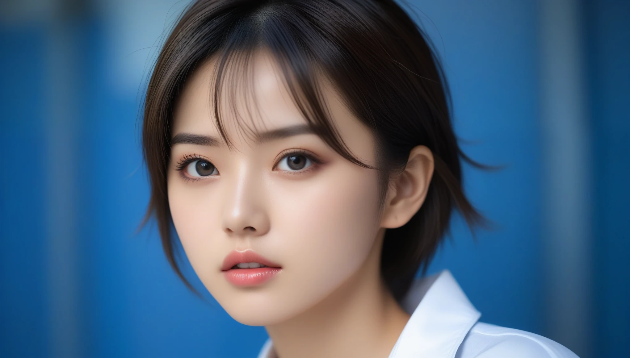 8k, Ultra-high resolution, Highest quality, masterpiece, 三分割法によるphotograph,Surreal, photograph, 1 , (:1.3), cute, cute顔, 細部までBeautiful Eyes, 細かくdetailedに,masterpiece,One Girl:1.2,Japanese women,student,cowboy shot,glaring,Black short hair,messy hair,(Dirty uniform:1.3),Leaning against the wire mesh,Glare,Blue Collar,Factory wall,(Beautiful attention to detail),Subtle details, detailedな顔,anger,Attractive eyes,(ポートレートphotograph:1.4),(Photorealistic images:1.4),Fantasy art,(Beautiful Face:1.4),美しくAttractive eyes、Beautiful Eyes、Grayscale 16Bits,(Tight waist:1.4)、(Beautiful with perfect body proportions:1.4),Pink Lips,Looking at the audience,(((Ideal body type))),A-cup small breasts :2,、Portraiture:2、Perfect Anatomy、鮮明なdetailed、detailed,Fashion magazine cover,Thin lips,完璧でBeautiful Face ,完璧でcute顔, Skin with attention to detail, Perfect limbs、Narrow waist,Surreal,Light and shadow,backlighting