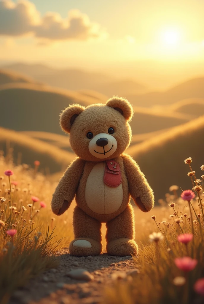 Teddy bear on a journey toward the horizon