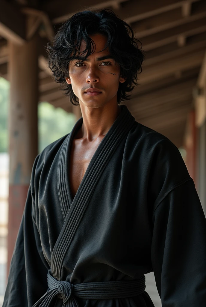 (real-life)
with wavy black hair, He wears the black Cobra Kai kimono and wears a black belt on his forehead., He is dark-skinned and has a small scar on his eyebrow, and your eyes are brown.
He is a young man from Fundo: Karate