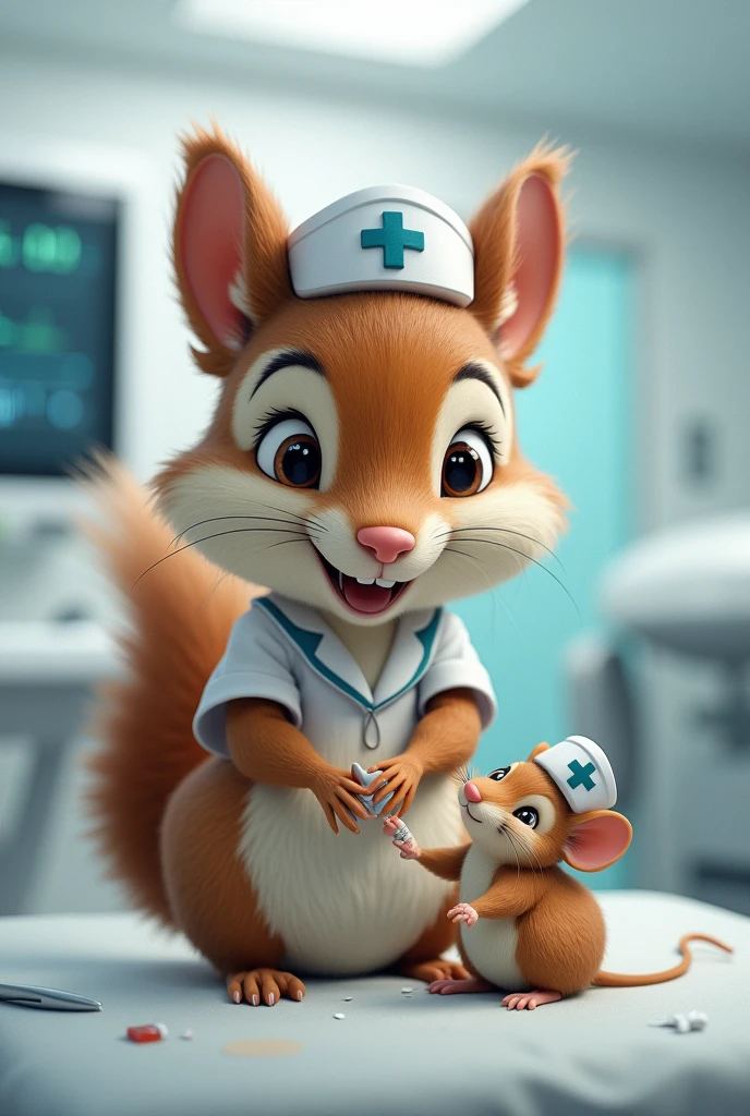 Nurse squirrel treats injured mouse ,luxury hospital , Regards indeed, , High detail