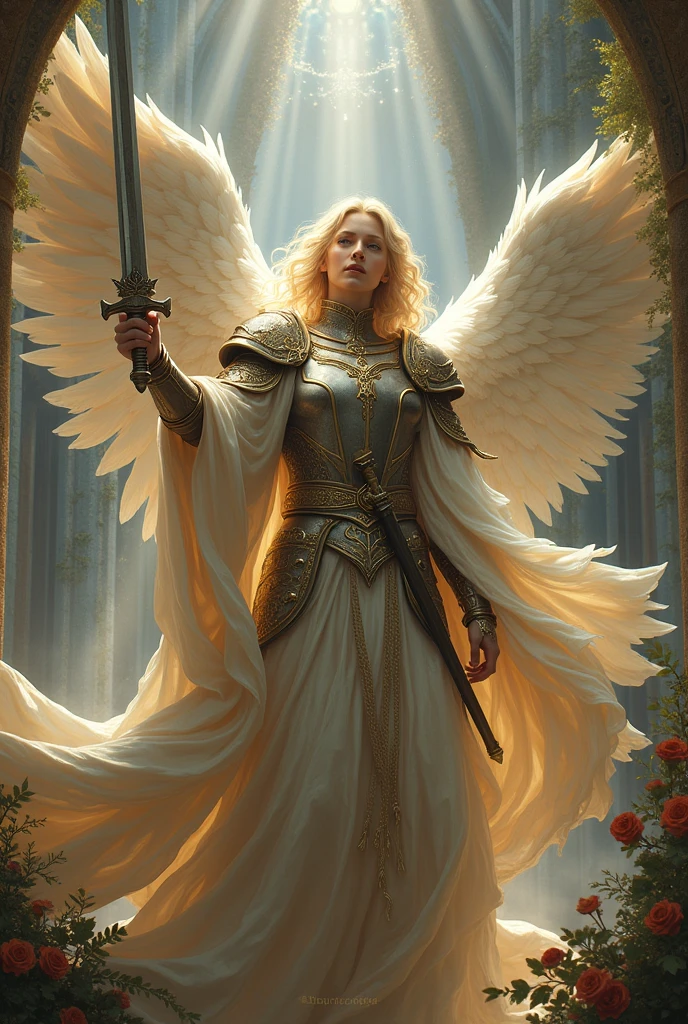 Beautiful, gorgeous and hyperrealistic (Angel Guardian dressed as a medieval warrior, full body, in action. In traditional catholic art style) by Jean- Baptiste Monge, Unreal Engine, Greg Rutkowski, Loish, Rhads, Beeple, Makoto Shinkai, and Lois van Baarle, Ilya Kuvshinov, Rossdraws, Tom Bagshaw, Alphonse Mucha, global illumination, detailed and intricate environment
