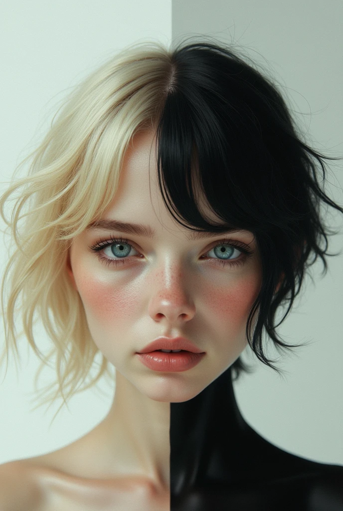 Now a girl divided into two, half blonde with long hair and half very short black hair