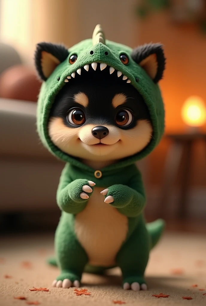 A cute black and tan Shiba Inu puppy, standing upright like a little human in a detailed green dinosaur costume. The costume has textured scales, a hood with a dinosaur face, sharp teeth, and small eyes on top. The puppy’s soft fur contrasts with the costume’s rough texture. It stands confidently on its tiny hind legs, with its small paws visible, staring straight ahead with large, expressive eyes. In a cozy indoor setting, warm, gentle lighting highlights the puppy’s face and the costume’s deta