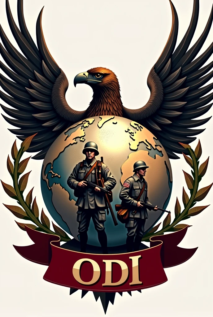 Logo with an orb surrounded by an eagle inside the orb armed soldiers of the First World War , around the globe flags of Latin countries in front a red ribbon with the name ODI in gold