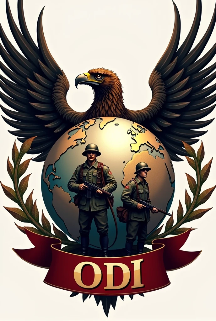 Logo with an orb surrounded by an eagle inside the orb armed soldiers of the First World War , around the globe flags of Latin countries in front a red ribbon with the name ODI in gold