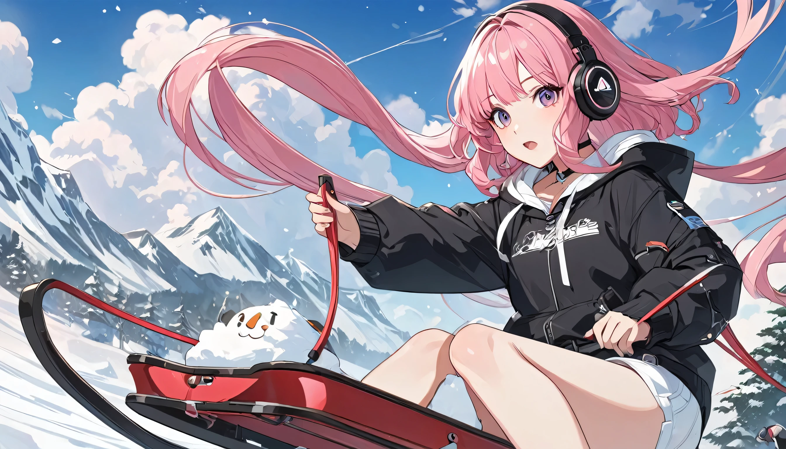 anime girl with pink hair wearing headphones and looking at a sled, anime styling 4 k, non-style artwork by guweiz, 8K anime art wallpaper, 4k anime art wallpaper, 4K anime art wallpaper, lofi portoRait, lofi girl, anime styling. 8k, melhor anime wallpaper 4k konachan, anime wallpaper 4k