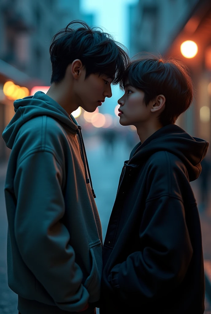 Crate a image In a cozy alleyway, the moonlight spills through the gaps between buildings, casting a soft glow on the cobblestone pavement. Taehyung and Jungkook stand close together, both wearing matching black hoodies. Their breaths create little puffs of warmth in the chilly air. Taehyung’s fingers curl possessively around Jungkook’s waist, pulling him even closer. Their eyes meet, and there’s an unspoken understanding—a connection that goes beyond friendship. The world fades away, leaving only the two of them, bathed in the red hues of love and longing.
