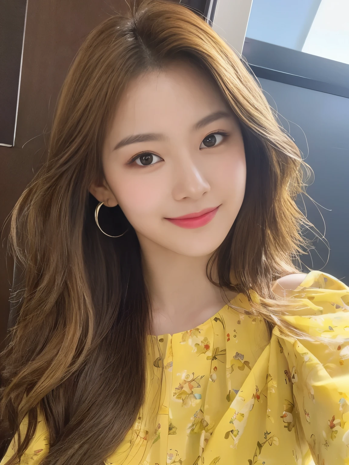 (highest quality、16K high resolution, Super detailed, masterpiece, Live shooting, realistic:1.5, hyper realism:1.5, sharp focus, very delicate and beautiful, small details, bust shot), 3 Japanese woman, 160cm tall, 50kg, bust 84cm, waist 59cm, hips 86cm, heart-shaped face with a pointed chin, shoulder-length layered brown hair styled with soft waves, groomed eyebrows, large expressive brown eyes, a straight nose, full smiling lips, wearing a yellow floral blouse, blue jeans, silver hoop earrings, a few faint freckles adding youthfulness, an overall warm and approachable demeanor, {{{{resembling actress Aya Omasa}}}}, random body orientation,