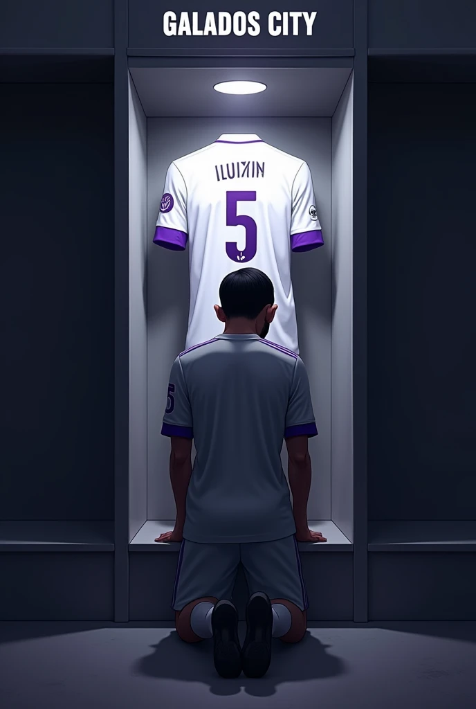 football locker room with a football player's cabin in this cabin there will be a white shirt with purple details (minimalists) on the collar and at the tip of the sleeve the shirt must be showing the back with the name LUIZIN highlighted and the shirt number must be number 5, the cabin at the top must contain the name of the club which is GALADOS CITY, all ambient light must be off, only the light of the sign with the name GALADOS CITY and a low light above the shirt indicating prominence must be on. (The image should be centered and not too far away) and the player with slightly dark skin, short straight black hair and a beard showing that he cares about the current fashion style must be wearing pre-game clothes different from the shirt that is hanging in the locker room, the one he is wearing is gray with purple details on the sleeve and collar of the shirt and on the shorts, the player in the image must be on his knees with his head down (indicating pre-game concentration)