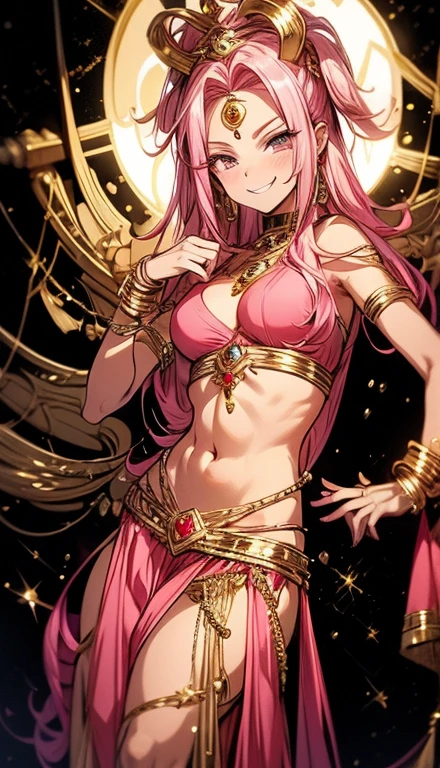 A smug narcissistic pink haired goddess wearing a golden bra and golden pants and lots of jewelry covering every part of her body with gold gems and all kinds of jewelry flaunting herself showing off