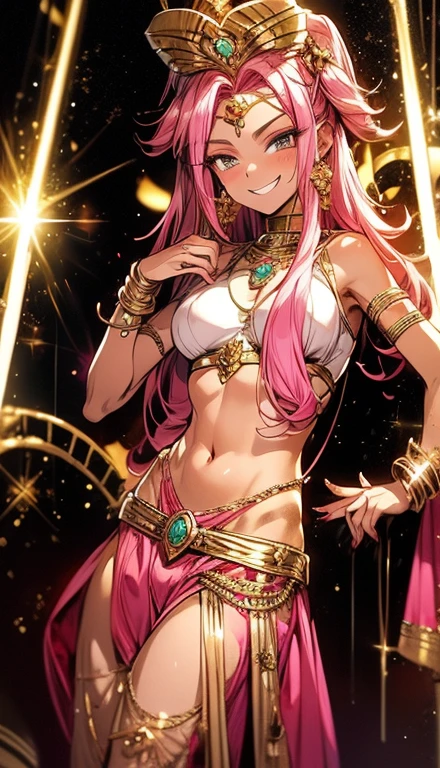 A smug narcissistic pink haired goddess wearing a golden bra and golden pants and lots of jewelry covering every part of her body with gold gems and all kinds of jewelry flaunting herself showing off