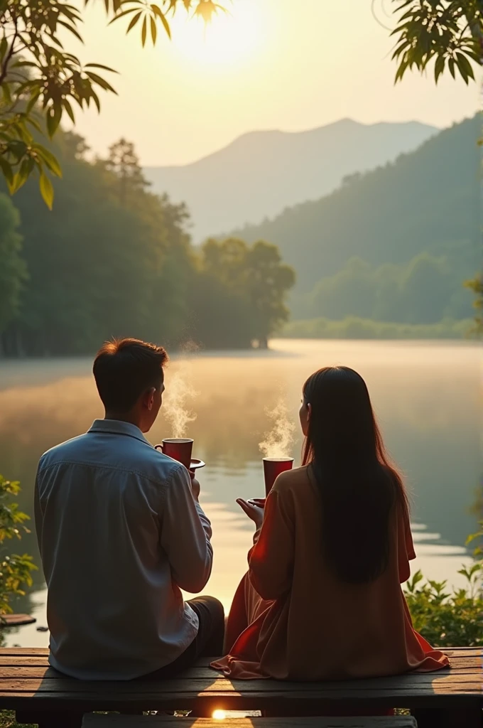 A couple from Indonesia enjoying coffee by the lake in the morning. Hyper realistic high resolution cinematic ultra hd detail glossy