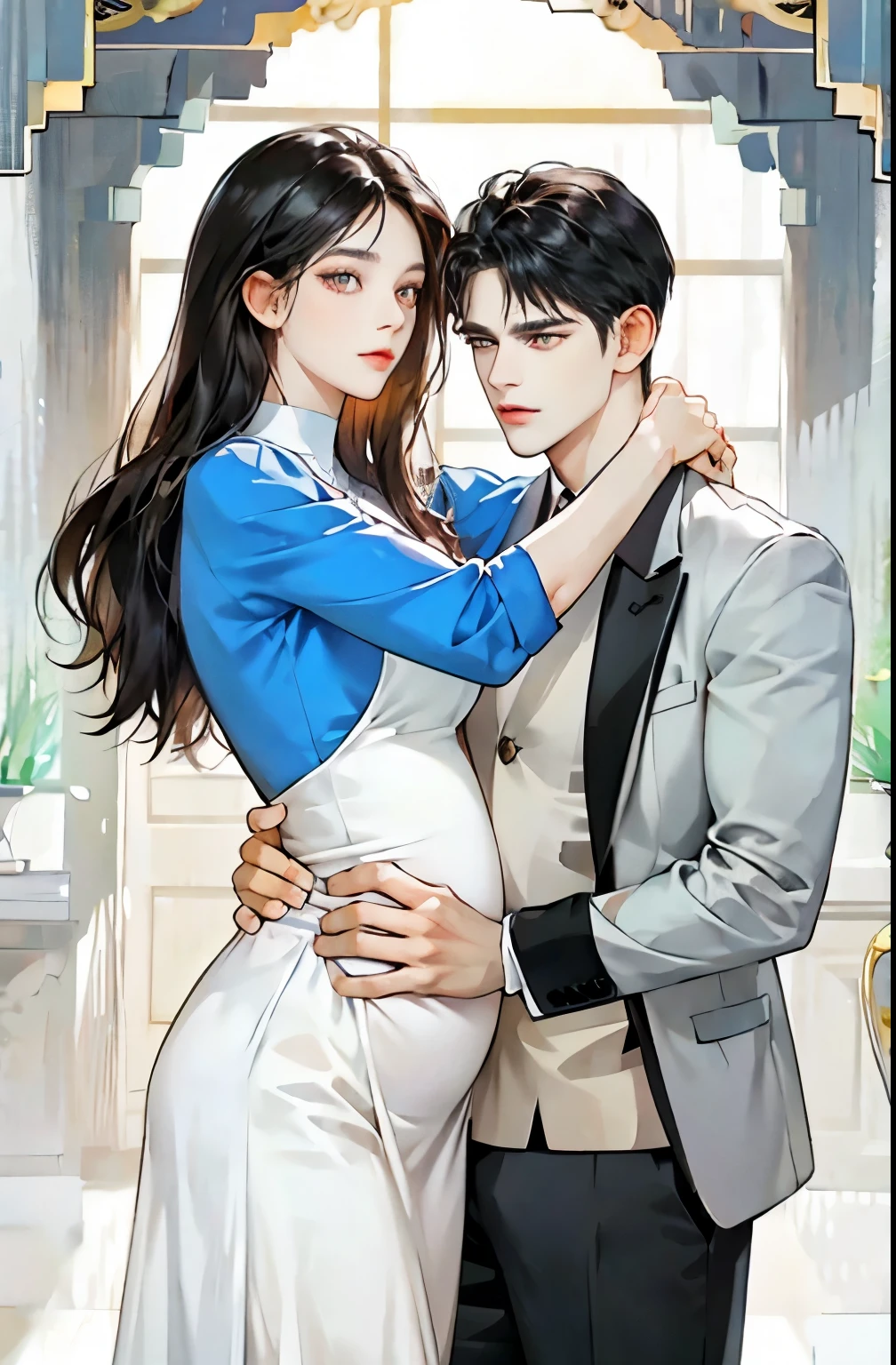 family, royal, elegant, good looking, kids, detailed, 4k, mom and dad, detailed eyes, pretty hair, handsome man, gorgeous woman, fine mom, hot dad, hot parents, mom with black hair, mom pregnant, man looking at woman with love, man hugging woman