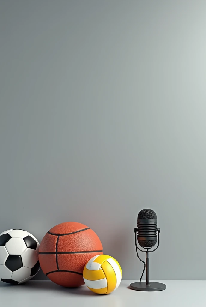 Generates an image of a radio program about sports with a soccer ball, basketball, volleyball and American football but on the left side and not occupying the entire image with a gray background and the balls of the color they are known and horizontally with a microphone next to it