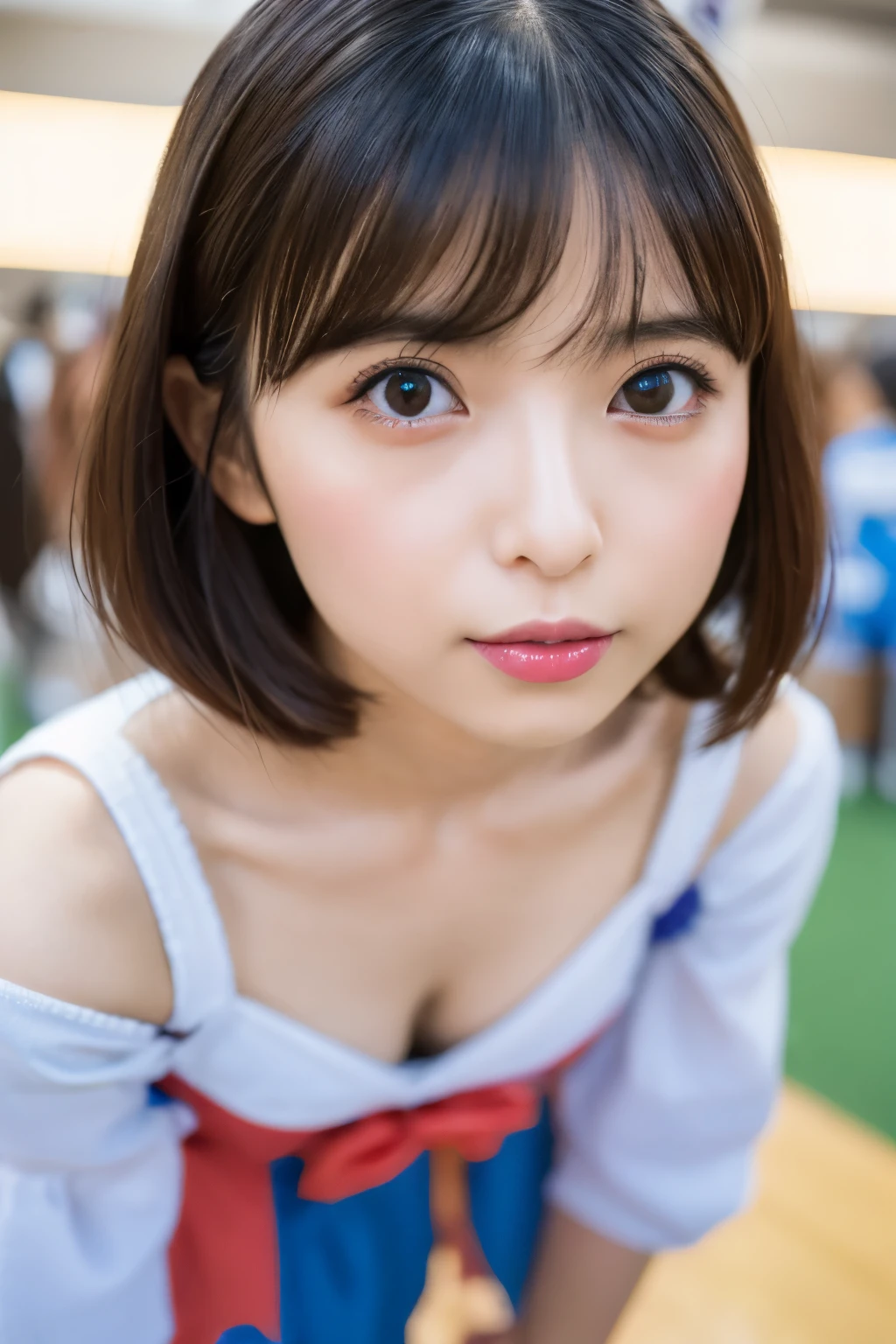 Masterpiece, photogravure, highest quality, clear contours, (One Girl, alone), Japanese woman, 30 years old, lipstick, cute face, detailed face, beautiful eyes, detailed eyes, focus on the eyes, bob hair, Anatomically correct body structure, wearing body-fitting costumes, getting on all fours, lifting butts, shot from the front