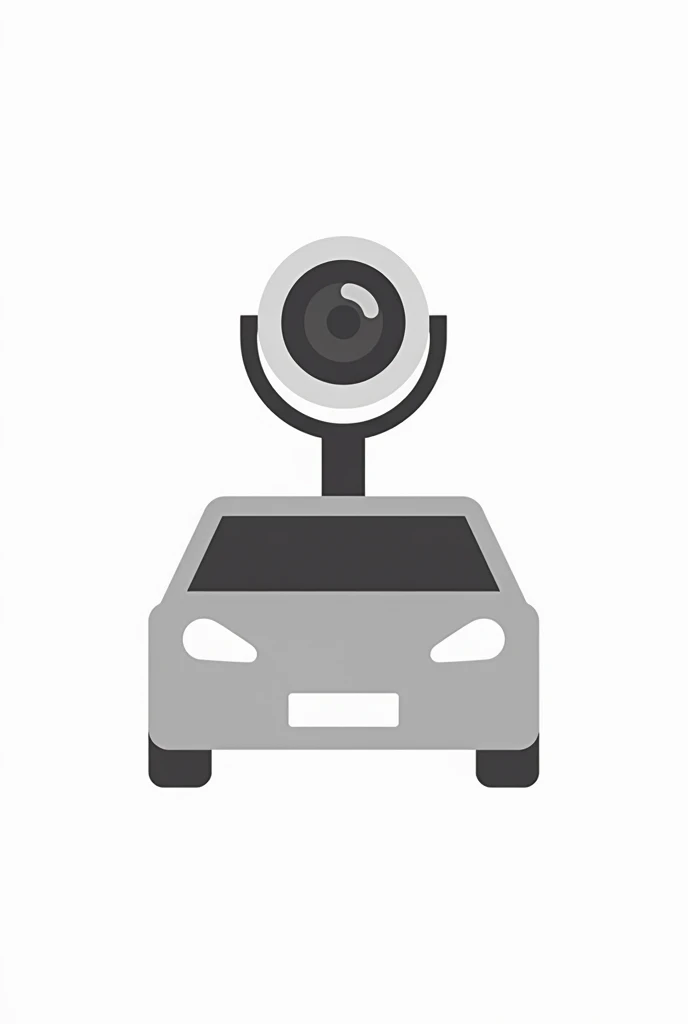A simple icon logo vectorized in flat colors has to be minimalist, the image must represent the lens of a video camera on top of a car using flat colors without shadows or effects and with an entirely white background, the car must be larger than the camera lens