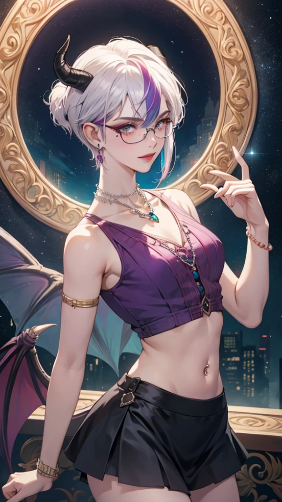 8k, masterpiece, best quality, highly detailed, 1 girl, tiefling, warlock, pixie cut, multicolored hair, very short straight hair red highlight hair on white hair, strippled hair, wearing glasses, round glasses, earrings, navel piercing, red eyeshadow, long eyelashes, blushed cheek, red lips, pearl necklace, rings, collarbone, mole on face, glamorous, teal and purple clothes, sleeveless, miniskirt, smirk, close up view, rings, looking at viewer, demon horns, solo, starry sky, pale blue moon, standing, boxing stance, demonic arms, chains on the background.