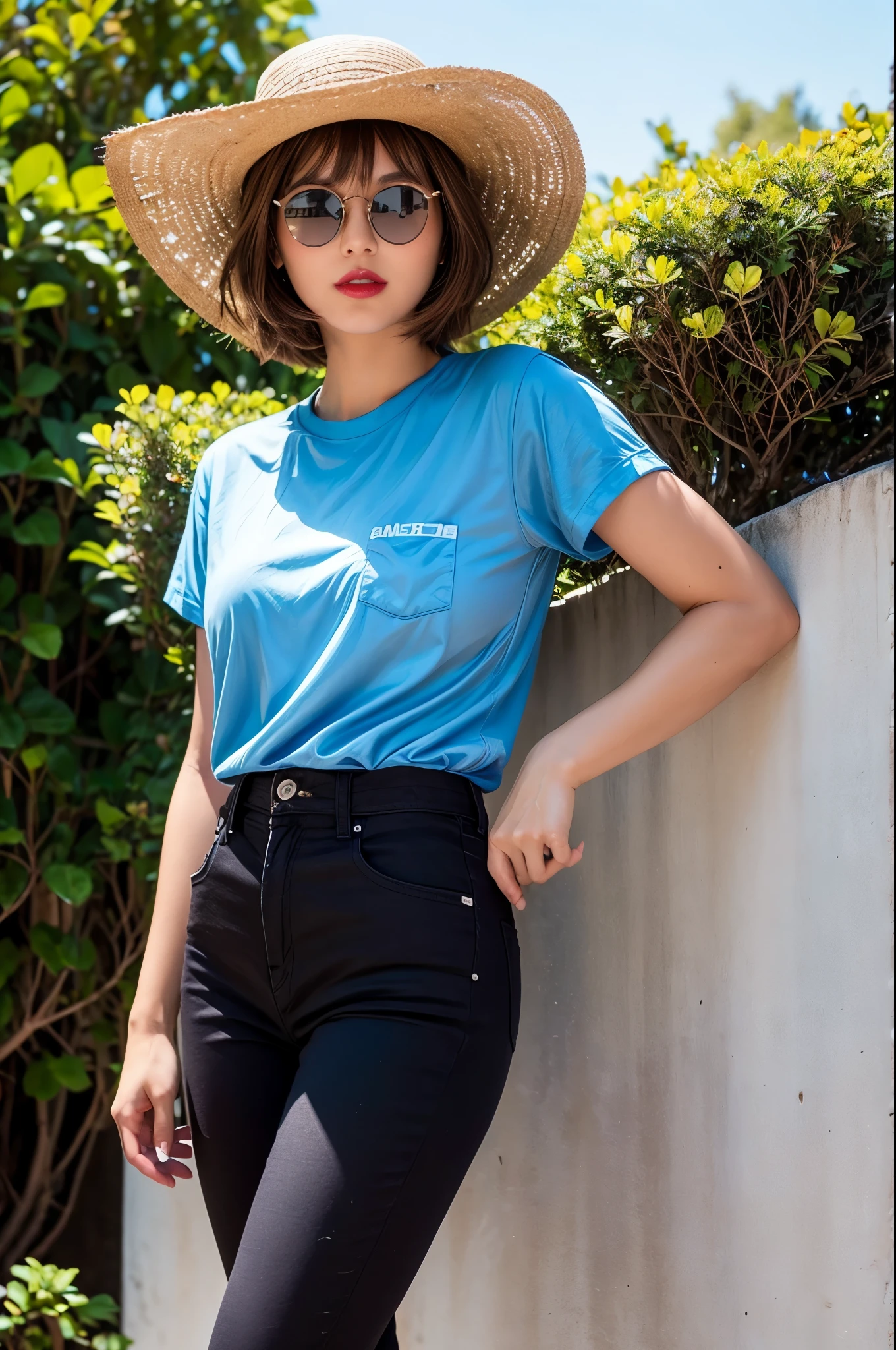 1girl, brown hair, short hair, sunglasses, sun hat with a flower in it, blue shirt, black pants, blue sports shoes, lipstick, red lips