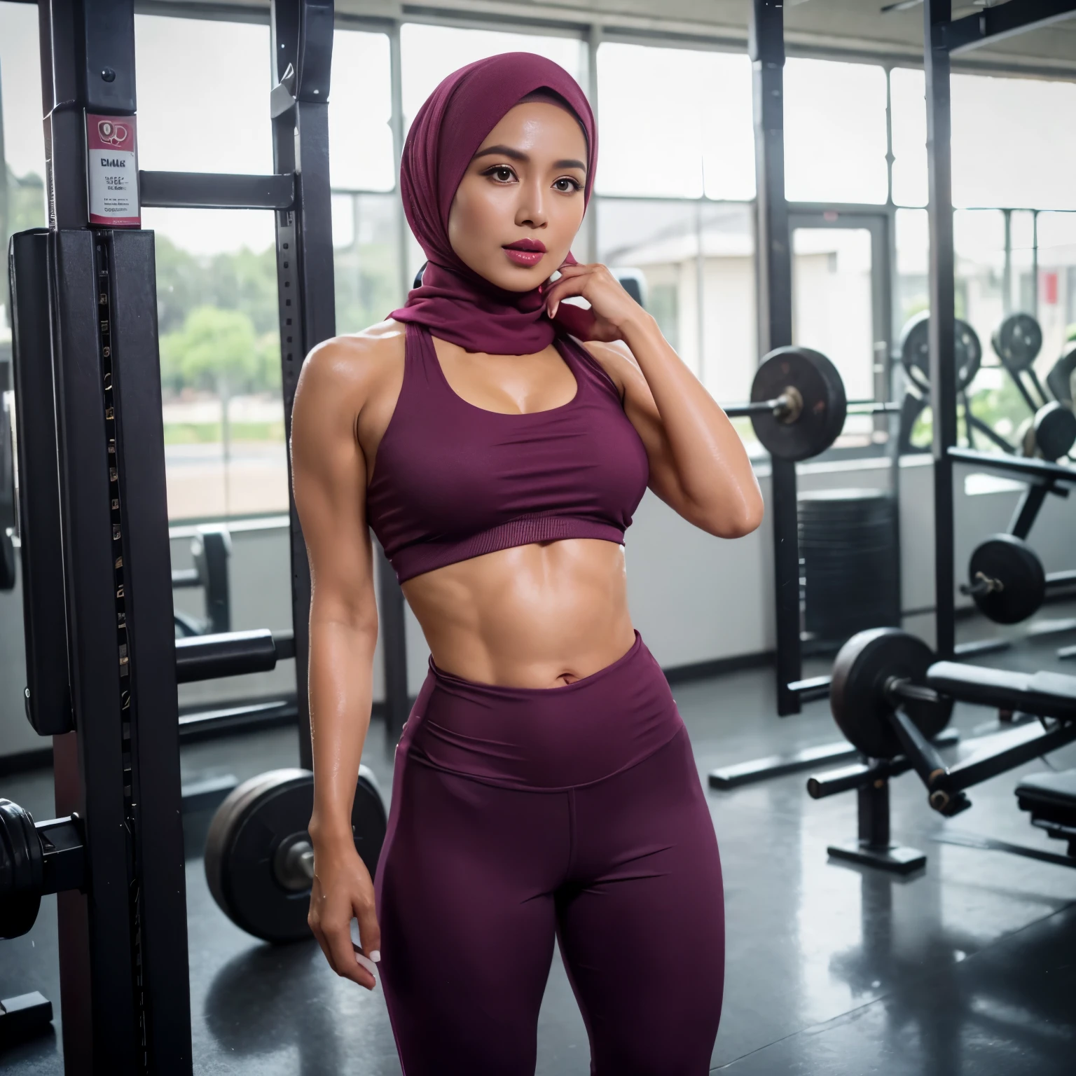 1woman, 5, ((Sugar Mama)), ((Beauty Hijab Indonesian Mature woman)), ((Sensual Violet lips)), wet Oily Tanlined through, Droopiest Massive Large Tits, 196 Inches , Tank Top, Fitness Pants, ((Nailing Polish)), Face full of Make up, Full body, Realistic Detailed Perfect abs, at Gym, Dark light, at Day time, Standing.
