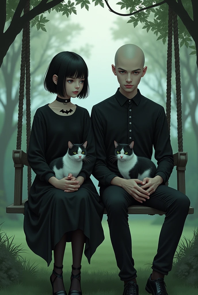 A young girl with a black and white cat on her lap dressed in black, short black hair with a bat tattoo on her neck sitting on a swing in a backyard next to a handsome young bald man with another black and white cat on his lap
