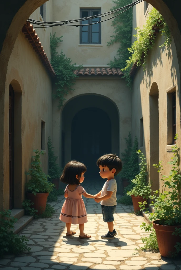 A boy and a girl playing trapped in a courtyard
