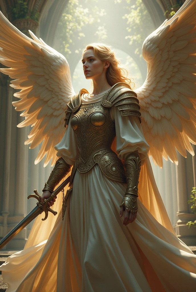 Beautiful, gorgeous and hyperrealistic (Angel Guardian dressed as a medieval warrior, full body, in action. In traditional catholic art style) by Jean- Baptiste Monge, Unreal Engine, Greg Rutkowski, Loish, Rhads, Beeple, Makoto Shinkai, and Lois van Baarle, Ilya Kuvshinov, Rossdraws, Tom Bagshaw, Alphonse Mucha, global illumination, detailed and intricate environment