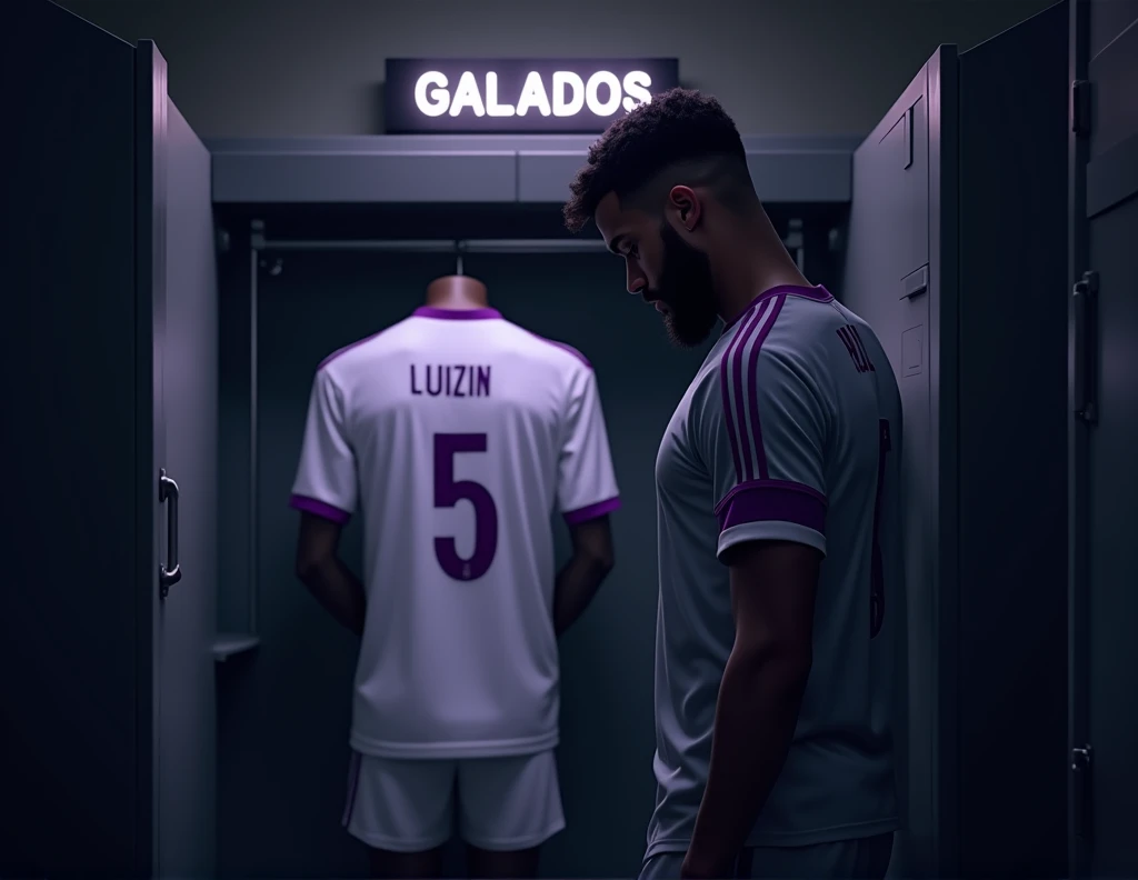 football locker room with a football player's cabin in this cabin there will be a white shirt with purple details (minimalists) on the collar and at the tip of the sleeve the shirt must be showing the back with the name LUIZIN highlighted and the shirt number must be number 5, the cabin at the top must contain the name of the club which is GALADOS CITY, all ambient light must be completely turned off, only the light of the sign with the name GALADOS CITY and a low light above the shirt indicating prominence must be on. (The image should be centered and not too far away) and the player with slightly dark skin, short black hair with a gradient and a beard showing that he cares about the current fashion style must be wearing pre-game clothes different from the shirt that is hanging in the locker room, the one he is wearing is gray with purple details on the sleeve and collar of the shirt and on the shorts, the player in the image must be facing away from the shirt with his head down without showing his face (indicating pre-game concentration) ( only the player's silhouette should appear )