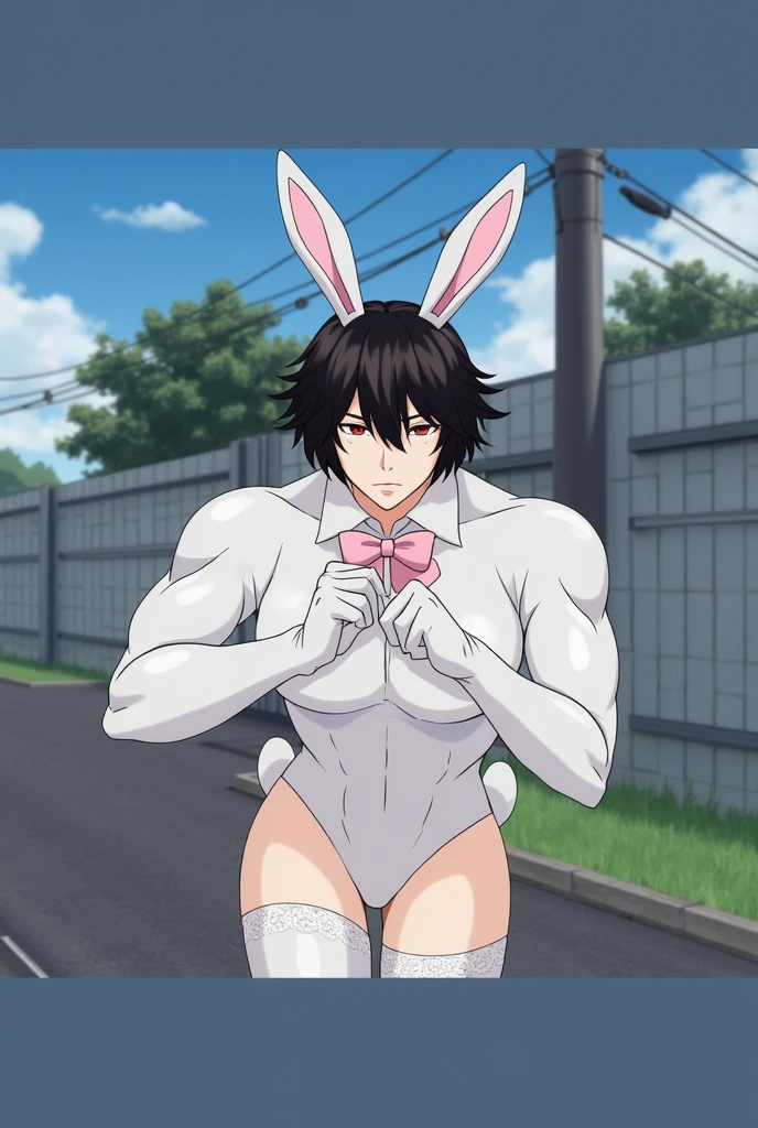 Sexy Man with black wavy hair, Covering your red eyes in a white sexy bunny outfit With bow tie with big thighs in stockings