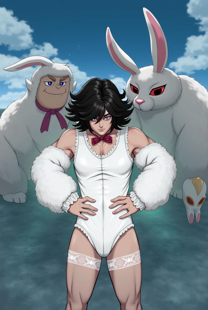 Sexy Man with black wavy hair, Covering your red eyes in a white sexy bunny outfit With bow tie with big thighs in stockings